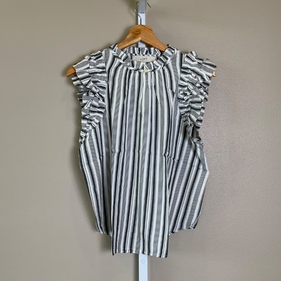 LOFT Striped Ruffle Split Neck Shell - Picture 6 of 16